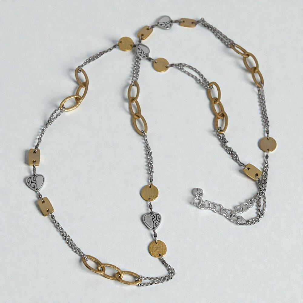 Brighton Look of Love Two Tone Long Necklace Art Deco Retired Gold Silver